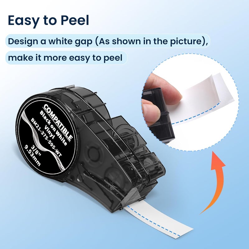 Wonfoucs Compatible Label Tape Replacement for M21-375-595-WT All-Weather Vinyl Labels Tape for Indoor/Outdoor ID, Lab and Equipment Labeling, Black on White, .375" 21' L, 4 Pack - Image 2